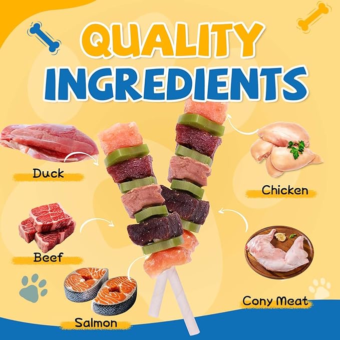 Dog Treats, Multi-Flavored Dog Kabobs Treats, High Protein Dog Chews w/Glucosamine Chondroitin, Made with Real Chicken, Duck, Beef, Rabbit, Salmon