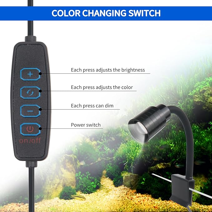 Mini Clip On Aquarium Light Small Dimmable Fish Tank Light USB Spotlight with 3 Light Modes 10-Level Brightness for 1 to 3 Gallon Tanks (Adapter NOT Included)