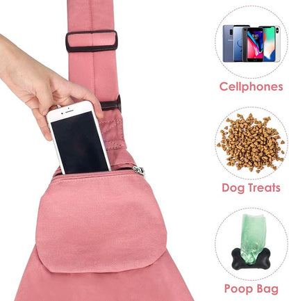 Dog Padded Papoose Sling, Small Pet Sling Carrier Hands Free Carry Adjustable Shoulder Strap Reversible Tote Bag with a Pocket Safety Belt Dog Cat Traveling Subway (5-12lbs, Pink)