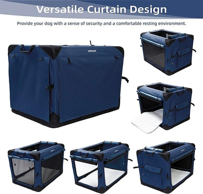 Pettycare 26 Inch Collapsible Dog Crate with Curtains Travel Dog Crate for Airflow and Calm Soft Pet Kennel with Portable Bag and More Chew Proof Mesh Indoor & Outdoor Navy Blue 4 Door Curtains