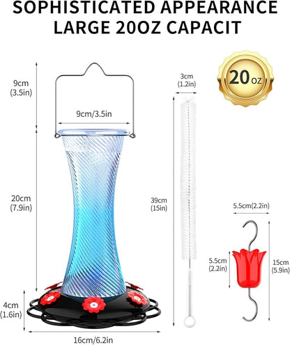 Hanging 20oz Glass Hummingbird Feeder with Moat, Small Outdoor Plastic Bird Feeder, Squirrel Proof, Ants, Outside Water Dispenser for Garden (Blue Glass Birdfeeder)