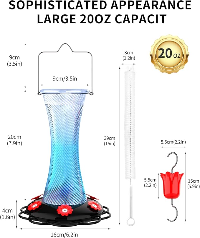 Hanging 20oz Glass Hummingbird Feeder with Moat, Small Outdoor Plastic Bird Feeder, Squirrel Proof, Ants, Outside Water Dispenser for Garden (Blue Glass Bird Feeder-2)