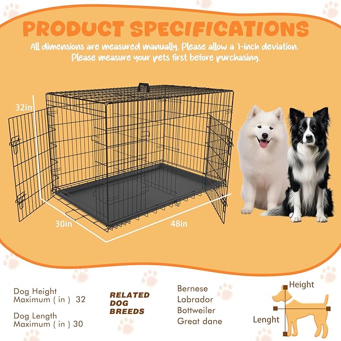 48 Inch Dog Crates for Large Dogs XXL Dog Crate Metal Wire Dog Kennel Indoor Outdoor Foldable Dog Cage Large Dogs with Double-Door, Divider Panel & Leak-Proof Tray