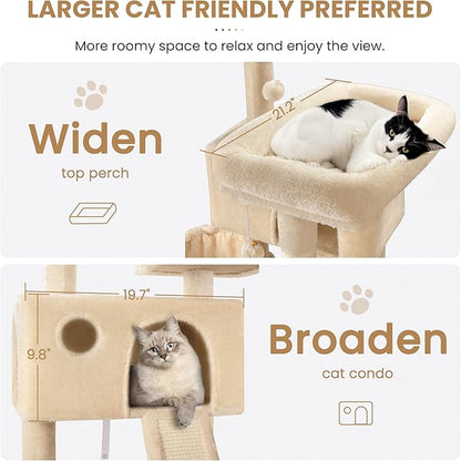 SHA CERLIN 65in Larger Cat Tree Tower Condo for Indoor Kitties/Multi-Level Furniture Activity Center with Wide Base/Cozy Plush Cat Perches/Baskets/Sisal Scratching Posts and Hammock/Beige