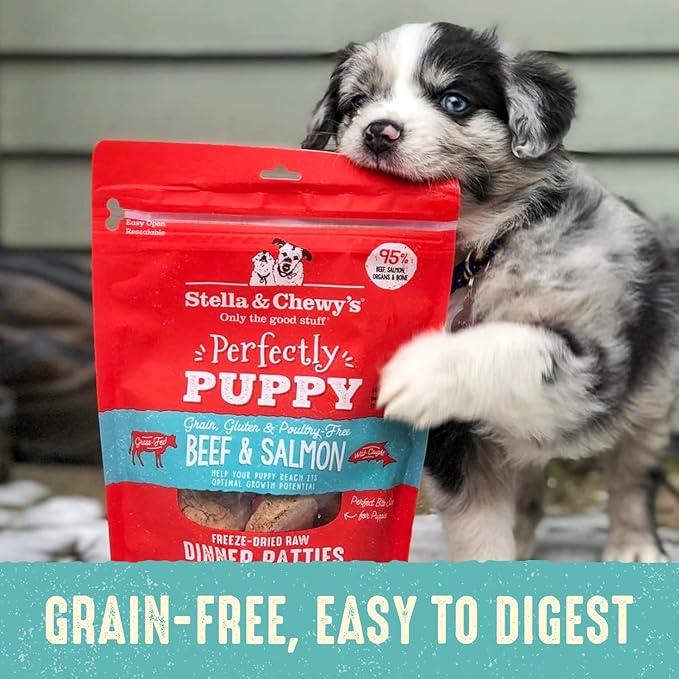 Stella & Chewy's Freeze Dried Raw Dinner Patties  Crafted for Puppies  Grain Free, Protein Rich Perfectly Puppy Beef & Salmon Recipe  5.5 oz Bag, Pack of 1