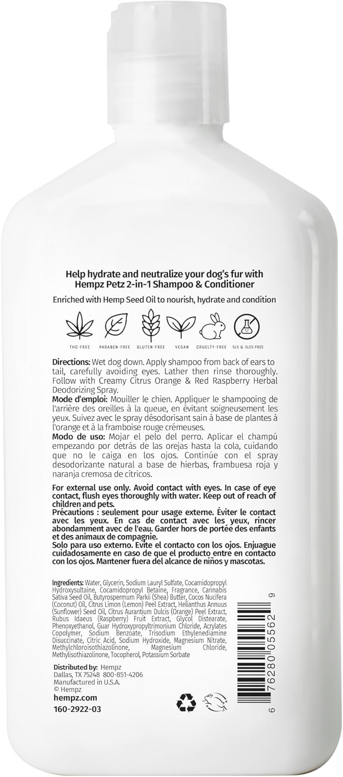 Hempz Petz, Dog Shampoo & Conditioner, Creamy Citrus Orange & Red Raspberry 2 in 1 Herbal Shampoo & Conditioner 17 oz.