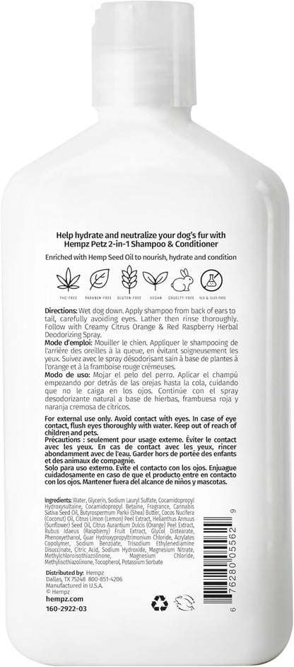 Hempz Petz, Dog Shampoo & Conditioner, Creamy Citrus Orange & Red Raspberry 2 in 1 Herbal Shampoo & Conditioner 17 oz.