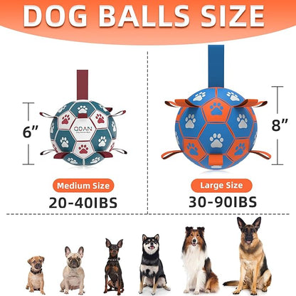 QDAN Dog Ropes Toys Soccer Ball with Straps, Interactive Dog Toys for Tug of War, Puppy Birthday Gifts, Dog Tug Toy, Dog Water Toy, Durable Dog Balls for Medium & Large Dogs- Blue&Orange(8 Inch)