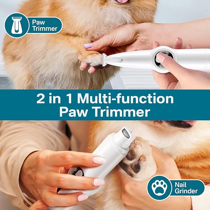 Dog Paw Trimmer & Nail Grinder 2in1 Upgrade [Ultra-Low Noise] [Micro Precision] Cordless Clippers for Grooming Kit, Pet Hair Shears for Cat Small Dogs, Electric Razors with LED Light