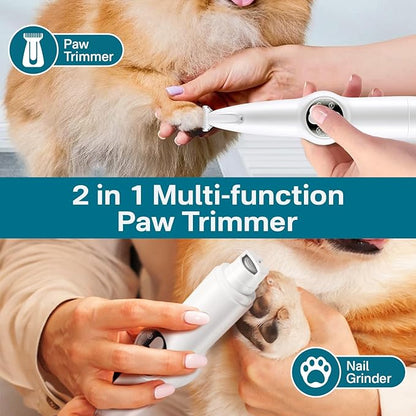 Dog Paw Trimmer & Nail Grinder 2in1 Upgrade [Ultra-Low Noise] [Micro Precision] Cordless Clippers for Grooming Kit, Pet Hair Shears for Cat Small Dogs, Electric Razors with LED Light