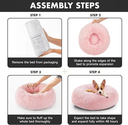 OhGeni Calming Donut Dog & Cat Bed Pillow, Machine Washable Plush Warming Bed, Anti-Slip Round Cuddle Comfort Pet Bed, Pillow Design Cozy Fluffy Faux Fur Bed for Small Medium Dogs, Pink, 23 inches