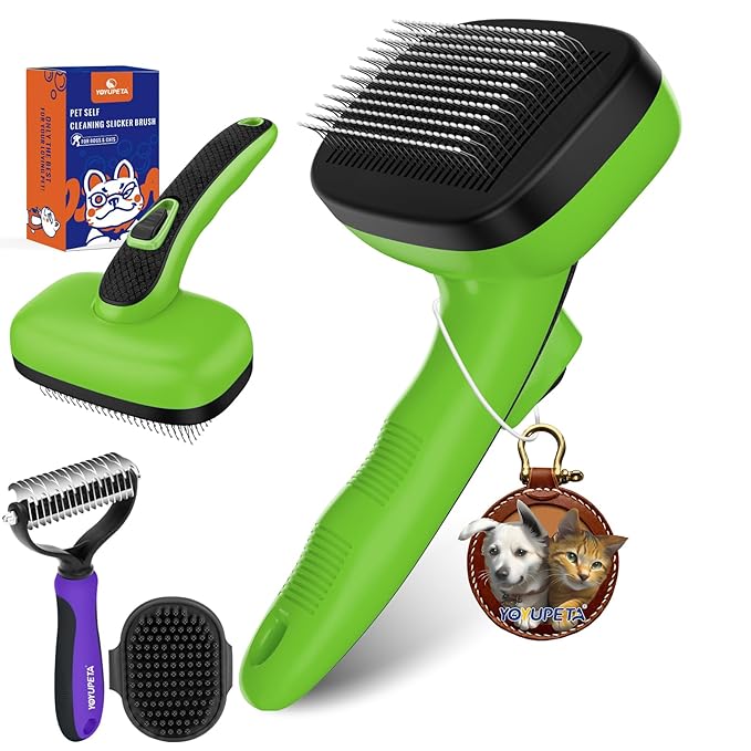 Dog Brush Kit - Self-Cleaning Slicker Brush with Bath Brush & Undercoat Rake | Deshedding Tools for Large - Small Dogs & Cats, Professional 3-in-1 Pet Grooming Set for Heavy Shedding, Green