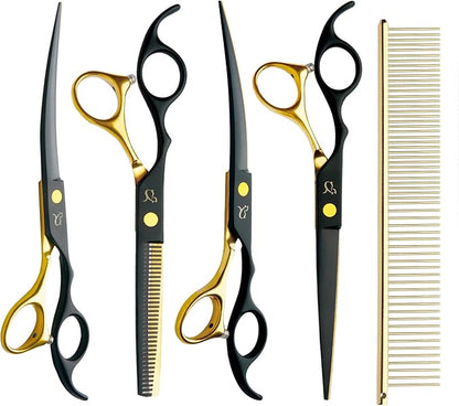 Dog Grooming Scissors,Paint Coated Curved Scissors Thinning Scissors with Safety Round Tips, Sharp and Durable 5 in 1 Dog Scissors for Grooming