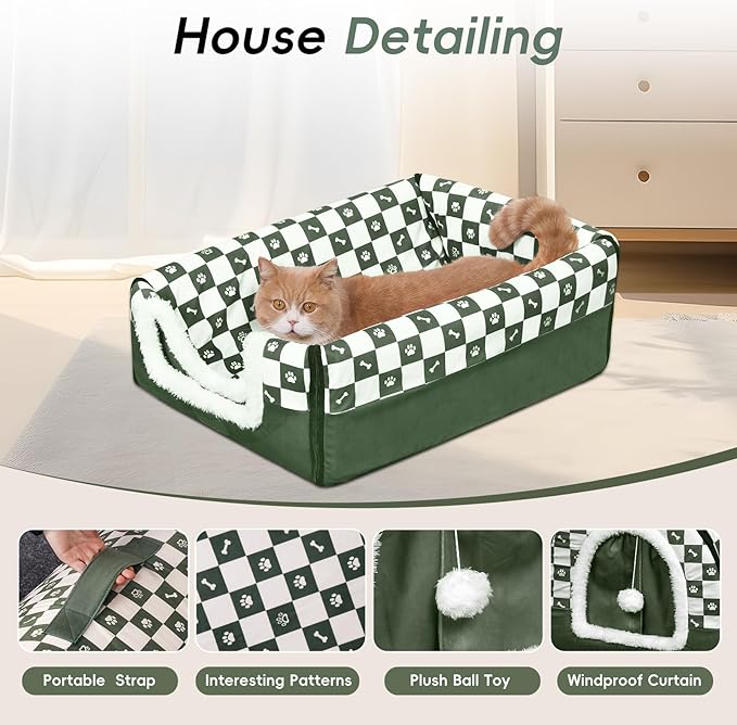 Dog House Indoor, Cozy Dog Cave Bed with Door Curtain, Cushion Mat, Removable and Washable Cover, Multi-Purpose Covered Dog Bed & Cat House for Cats and Small Dogs