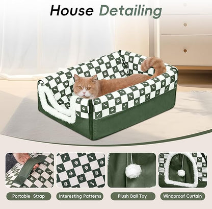 Dog House Indoor, Cozy Dog Cave Bed with Door Curtain, Cushion Mat, Removable and Washable Cover, Multi-Purpose Covered Dog Bed & Cat House for Cats and Small Dogs
