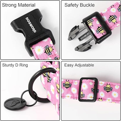 DOGWONG Pink Dog Collar, Female Dog Collar Durable Soft Natural Fabric Pet Girl Dog Collar Cute Daisy Puppy Necklace for Small Medium Large Dog