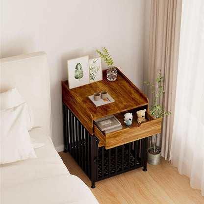 Dog Crate Furniture for Small Dogs, Chew-Proof Steel-Tube Dog Cage, Indoor Pet Crate End Table with Pet Mat, Decorative Dog Kennel with Drawer