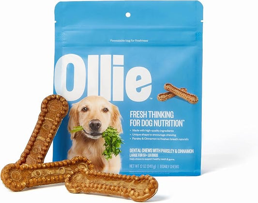 Ollie Dental Chews for Large Dogs, 12 Oz, Fresh Breath, Teeth Cleaning Treats, Sticks for Dog Oral Care, with Parsley and Cinnimon, for Pups 51 lbs and Above