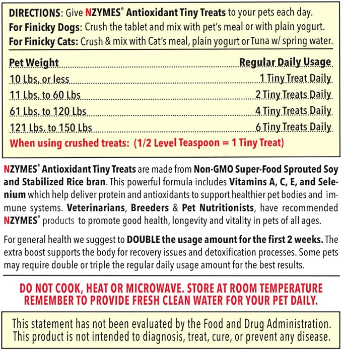 Nzymes® Antioxidant Tiny Treats - for Dogs Joints, HIPS, Paralysis, Skin, Coat, Hair Loss, Aging, Digestion, Seizures - Dog Treats for Small Dogs - 270 Treats - Made in The USA