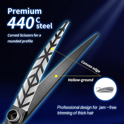 7" Dog Grooming Scissors Kit Black, Premium Japanese 440C Stainless Steel Straight, Thinning, Curved, Chunker Shears With Steel Comb for Precise Styling