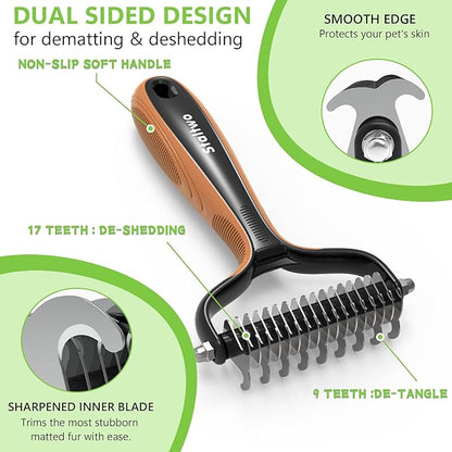 Deshedding Dog Brush for Shedding - 2-in-1 Professional Undercoat Rake and Furminator for Dogs | Shedding Control for Long-Haired Dogs and Cats, Deshedding Tool, Knot Removal,Orange