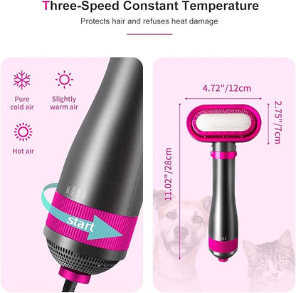 Dog Hair Dryer, 2-in-1 Dog Hair Blower with Brush, 3-Modes Blow Professional Home Grooming Drying for Small Large Cat Pet Puppy Rose