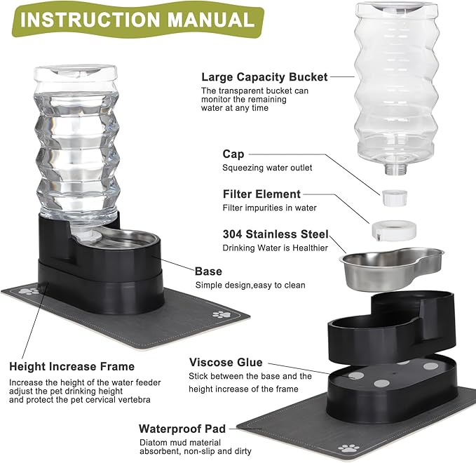 RIZZARI Large Water Dispenser for Dogs: 9L Automatic Stainless Steel Gravity Raised Black Pet Feeder for 30-60 LB Senior Pet Dogs with Neck Pain Relief in Garage Living Room