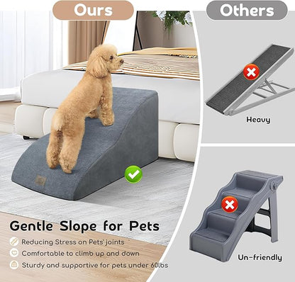 Mestuel Extended Dog Stairs Steps for Couch Sofa Bed, 2 Steps Dog Stairs Ramp for Small Old Joint Injury Dogs Cats Easy Access, Pet Stairs with High Density Foam& Nonslip Bottom, Lint Roller, Gray