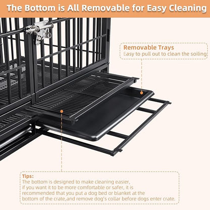 Lauren&Harold 42 Inch Heavy Duty Dog Crate Furniture for Medium/Large Dogs, Metal Dog Kennel Indoor with Top Door&Feed Door, Medium Dog Cage with Removable Tray&Wheels, Furniture Dog crates Pet House