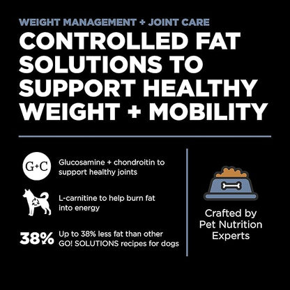 Go! Solutions Weight Management + Joint Care, Grain-Free Dry Dog Food, Chicken Adult and Senior Recipe, 22 lb Bag