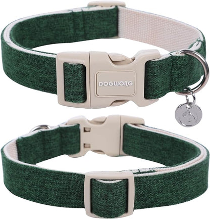 DOGWONG Cotton Hemp Dog Collar - Heavy-Duty Adjustable Soft Natural Fabric Christmas Green Collar - Cute Holiday Puppy Necklace for Small Medium Large Dogs