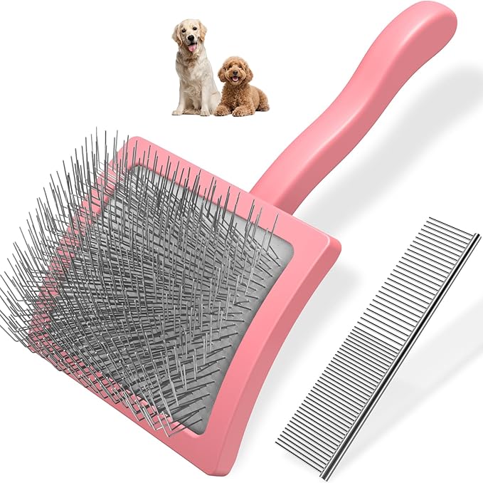 2PCS Slicker Brush for Dogs & Pet Comb,Professional Dog Grooming Brush (Goldendoodles,Poodles,Labradoodles) with Extra Long Pins to Effectively Remove Tangles, Knots and Mats (Light Pink Large)