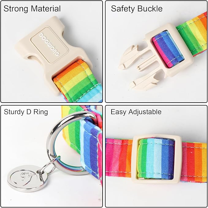 DOGWONG Cotton Rainbow Dog Collar - Durable Soft Natural Fabric, Cute LGBTQ Puppy Necklace for Small Medium Large Dogs