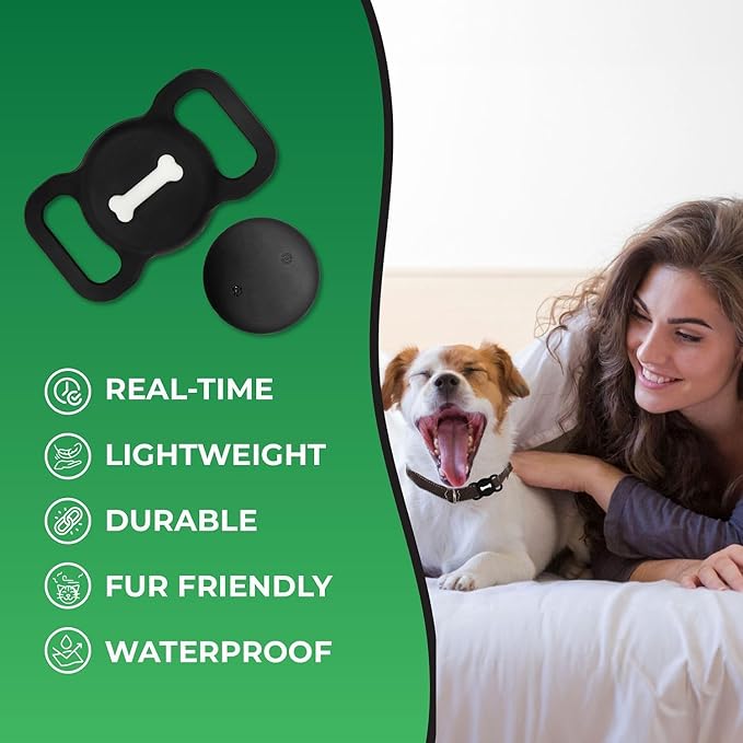 Dog Tracker, Pet Location Tracker with Collar Holder, Dog Tracking Device No Monthly Fee MFi Certificated, Works with Find My (iOS Only) - Black Case