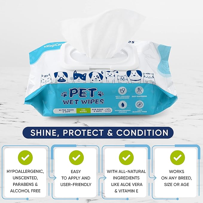 MAGICARE Pet Wipes  100 pcs Dog Wipes  8x8 Inch Unscented Dog Paw Cleaner Wipes for Body, Ears, Face, and Skin  Ultra Thick and Soft with Hypoallergenic Formula  Ideal Pet Wipes for Dogs & Cats