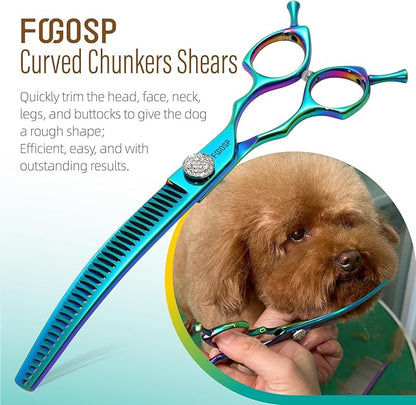 45°Curved Dog Grooming Scissors Curved Thinning Shears Curved Chunkers Dog Shears 3Pcs Combo (Turquoise)