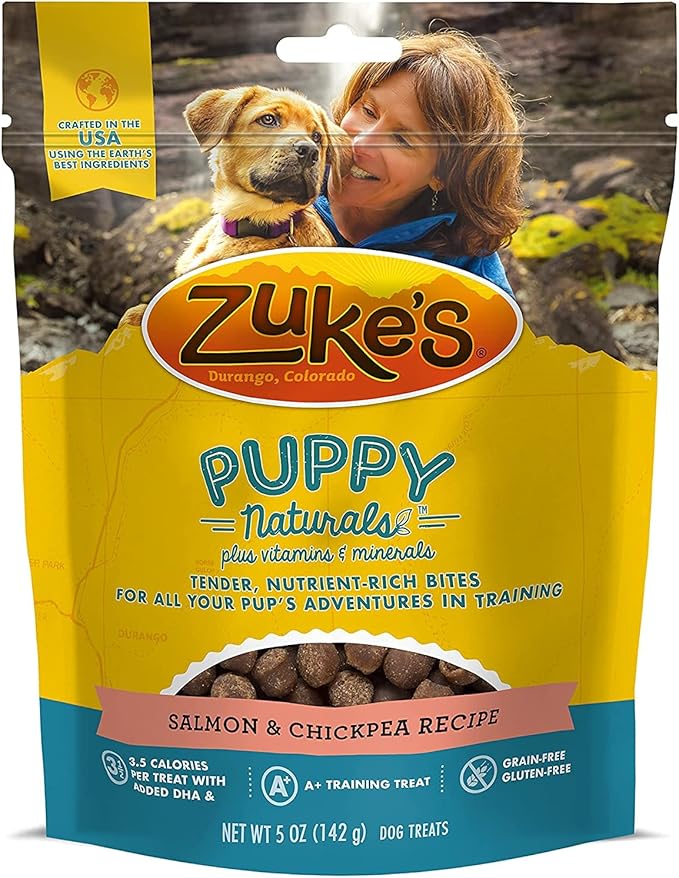(4 Pack) Zuke Puppy Naturals Training Dog Treats Crafted in The USA, Salmon and Lamb 5oz with 10ct Pet Wipes 5 Piece Set