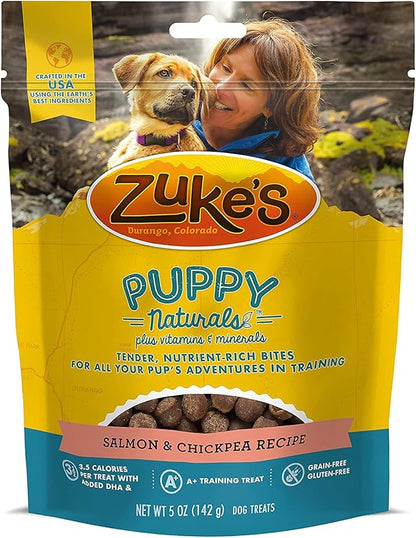 (4 Pack) Zuke Puppy Naturals Training Dog Treats Crafted in The USA, Salmon and Lamb 5oz with 10ct Pet Wipes 5 Piece Set