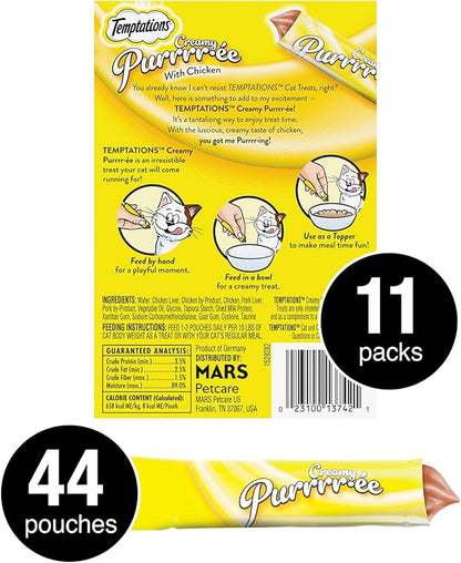 Temptations Creamy Puree Squeezable Lickable Wet Cat Treats with Chicken, 0.42 oz. Tubes, 4 Count, Pack of 11 (44 Total)