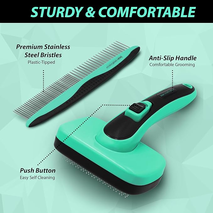 Dogs Self Cleaning Slicker Brush with Comb | Shedding & Grooming Tool | Gentle on Sensitive Skin | Removes Loose Fur, Undercoat, Mats | Suitable for Large, Medium, Small Breeds.
