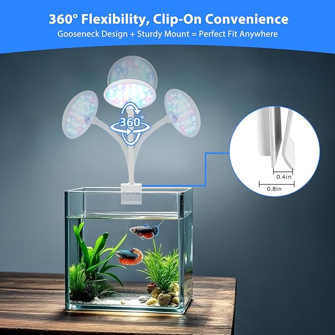 Mini Clip-On Aquarium Light 7W USB Dimmable Fish Tank Lamp with 3 Light Modes (White/RGB/Full Spectrum), 9-Level Brightness, 360° Adjustable Gooseneck for 1–3 Gallon Tanks