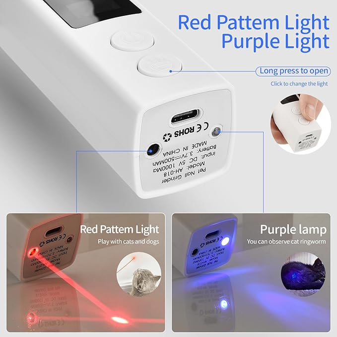 Professional 4-Speed Dog Nail Grinder, Electric Rechargeable Dog Nail Grinder with UV & Interactive Lights, Rechargeable Quiet Pet Nail Grinder, Nail Clippers for All Type Dogs Cat (White)