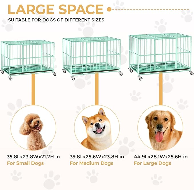 Green 48 in Heavy Duty Dog Crate Steel Escape Proof, Indoor Double Door High Anxiety Cage, Removable Tray, Kennel with Wheels,XL XXL