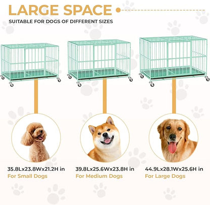 Green 48 in Heavy Duty Dog Crate Steel Escape Proof, Indoor Double Door High Anxiety Cage, Removable Tray, Kennel with Wheels,XL XXL