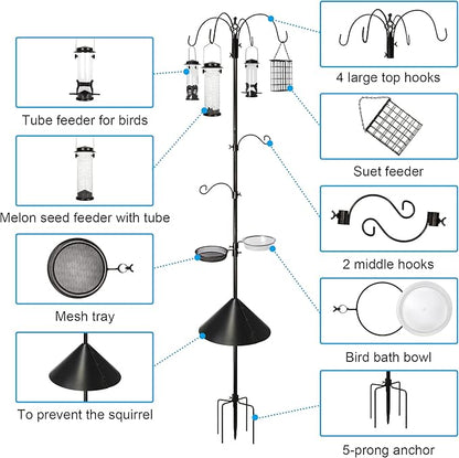6-Hook Bird Feeding Station, Steel Multi-Feeder Kit Stand for Attracting Wild Birds w/ 4 Bird Feeders, Bird Bath, Mesh Tray and Squirrel Guard Baffle，94 Inch