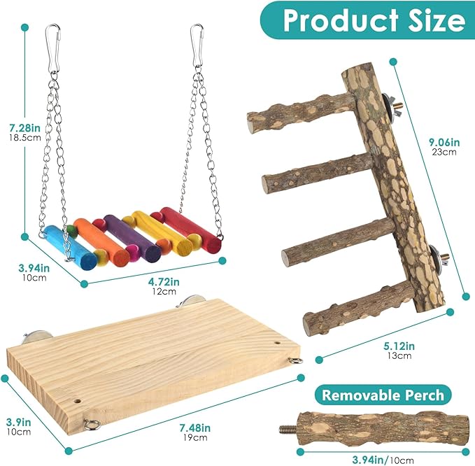 3in1 Bird Chewing Toys for Small Animal, Wooden Ladder Perch for Cage, Parrot Platform Colourful Swing Hammock Bridge Climbing Exercise Cage Accessories for Budgies Cockatiels Lovebirds Hamster