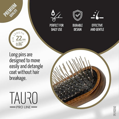 TAURO PRO LINE Wooden Dog Brush for Detangle Long and Short Hair, Wooden Soft Massage Brush for Grooming Haired Dogs and Cats, Flexible Cushion and Non-Slip Grip, Oval, 8,85 x 2,36 inch, Brown