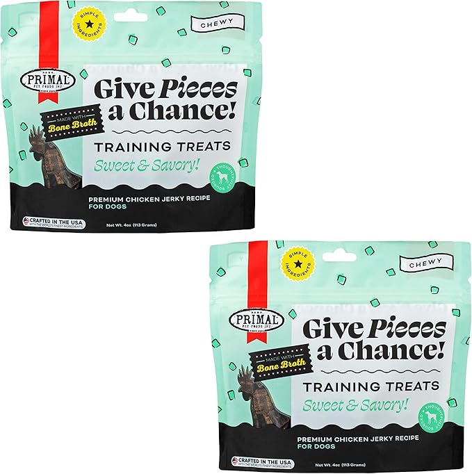 Primal Chicken Jerky Dog Treats Made with Chicken Bone Broth for Dogs, Give Pieces a Chance, Training Treat for Dogs, 4 oz (Pack of 2)