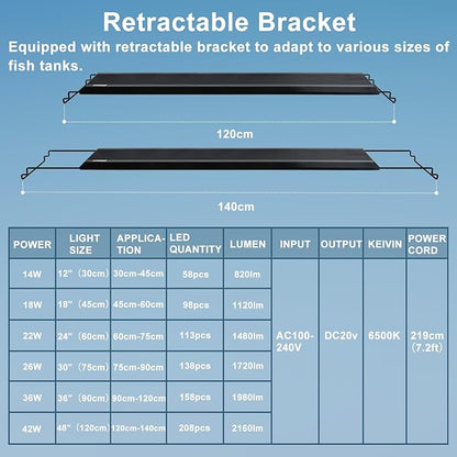 24/7 LED Aquarium Light, IP68 Waterproof Extendable Bracket Fish Tank Light with Timer, 7 Colors, 10 Level Adjustable Brightness, DIY Mode Full Spectrum Aquarium Plant Light for 48-54 Inch Fish Tank