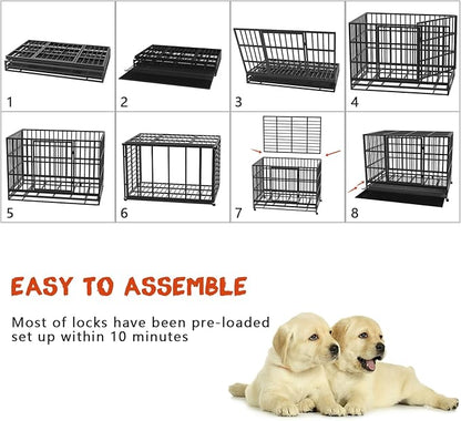 LEMBERI 48/38 inch Heavy Duty Indestructible Dog Crate, Escape Proof Dog Cage Kennel with Lockable Wheels,High Anxiety Double Door Dog Crate,Extra Large Crate Indoor for Large Dog with Removable Tray